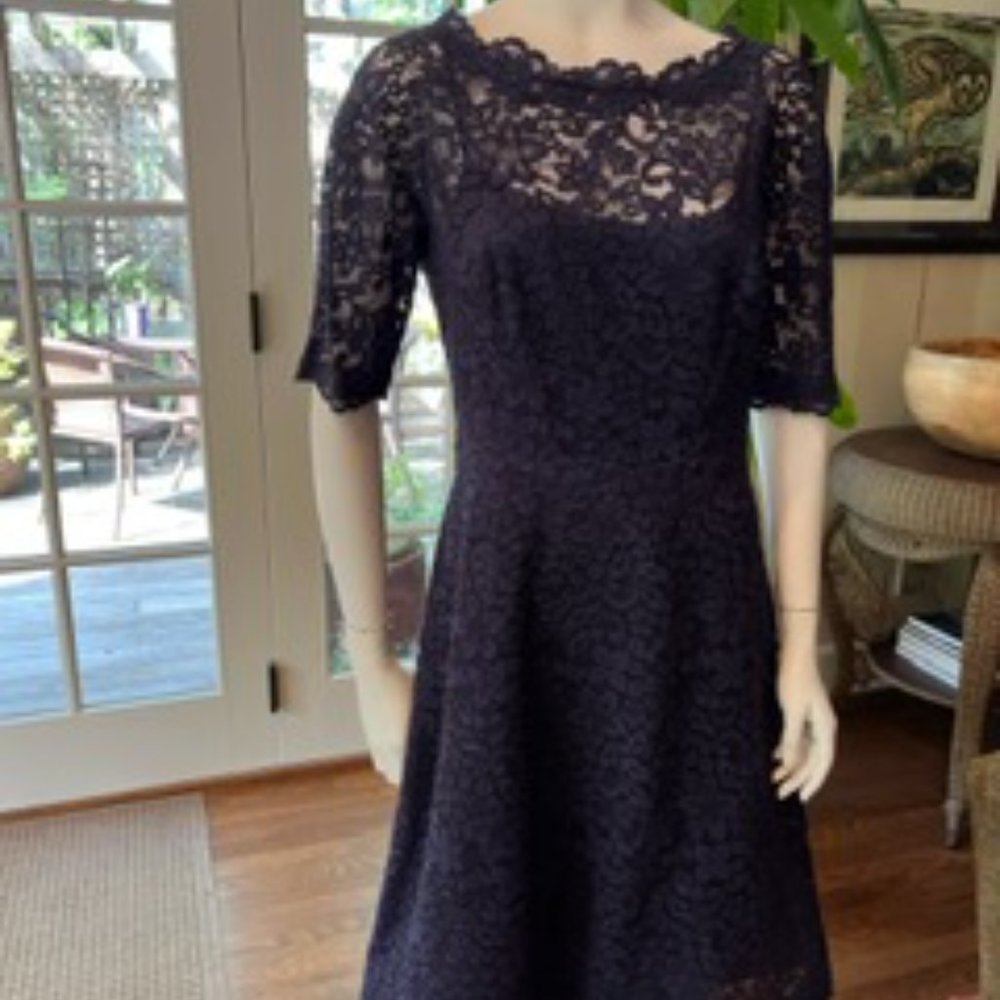 Stunning Tea Length Lace Dress, fit and flare design, navy blue, size 10